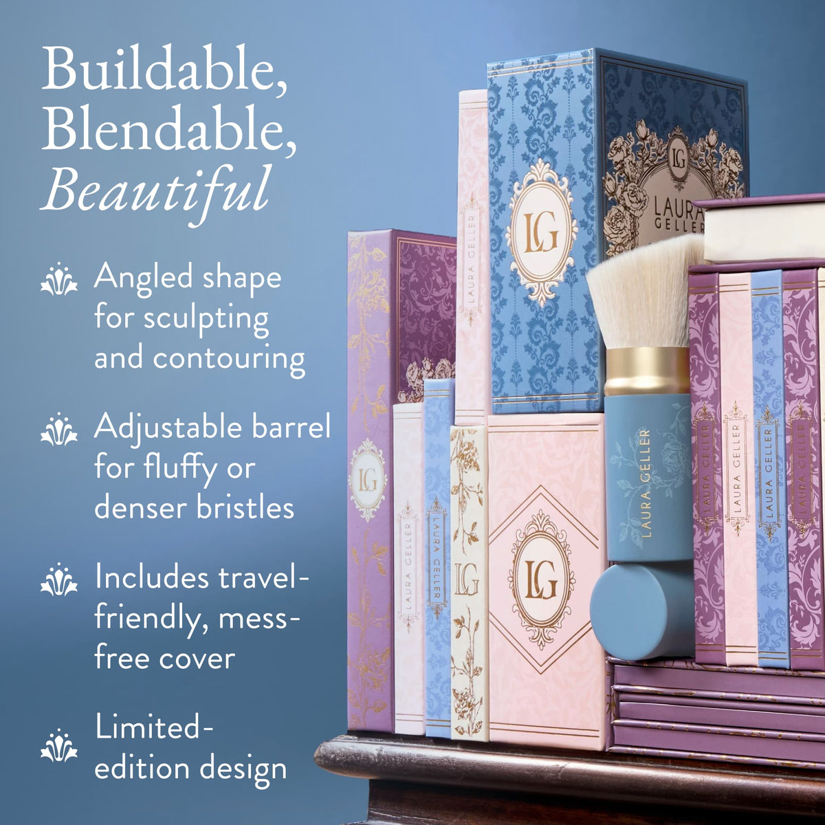 Limited Edition Retractable Angled Kabuki Brush buildable, blendable, beautiful product benefits 