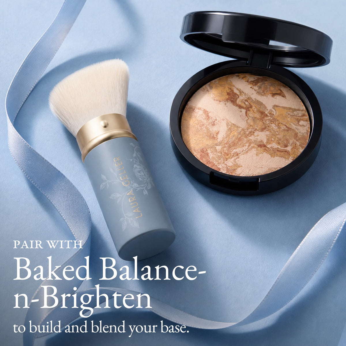 Limited Edition Retractable Angled Kabuki Brush pair with Baked Balance-n-Brighten to build and blend your base 