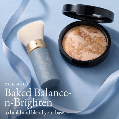 Limited Edition Retractable Angled Kabuki Brush pair with Baked Balance-n-Brighten to build and blend your base 