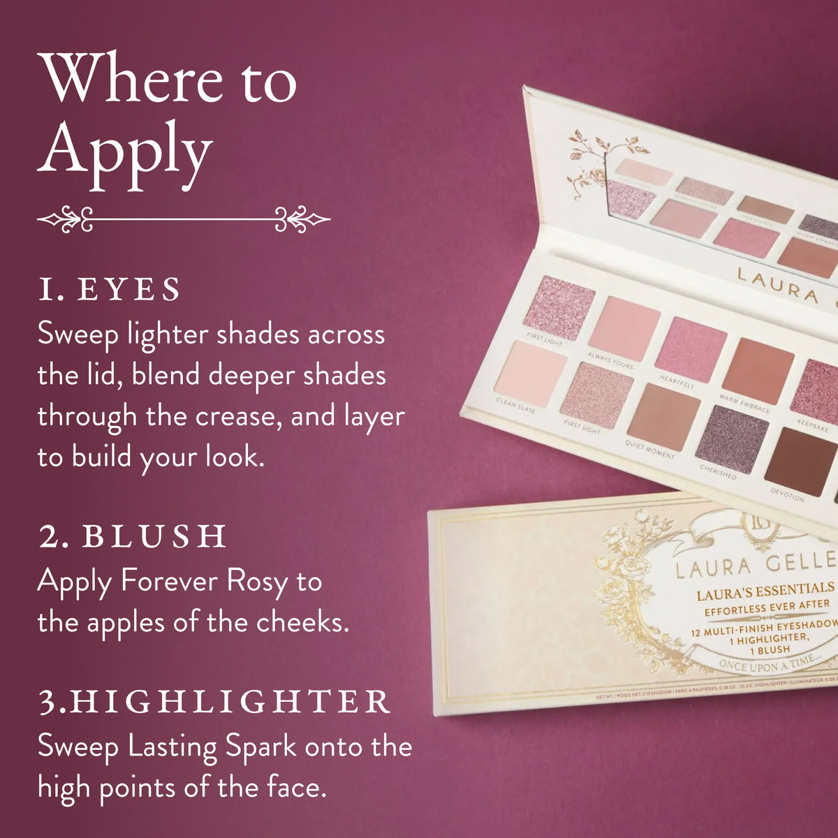 Laura's Essentials Effortless Ever After 12 Multi-Finish Eyeshadows, 1 Highlighter, 1 Blush where to apply