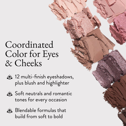 Laura's Essentials Effortless Ever After 12 Multi-Finish Eyeshadows, 1 Highlighter, 1 Blush coordinated color for eyes and cheeks