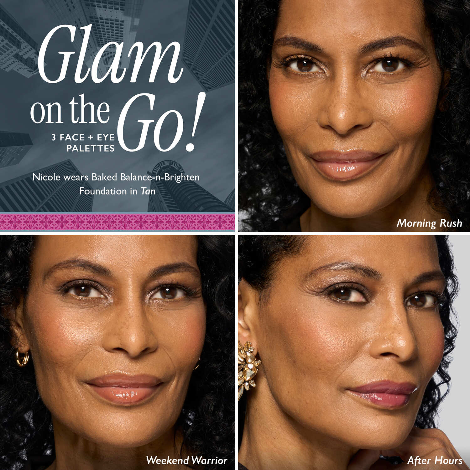Glam on the Go Face + Eye Palette model grid in tan