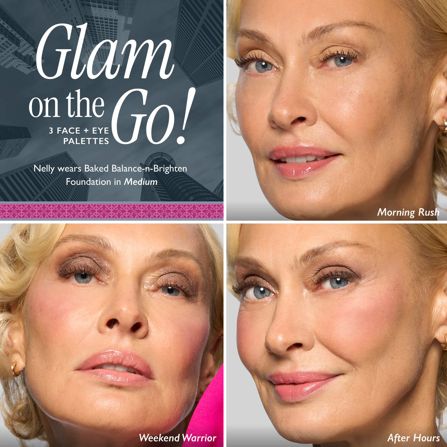Glam on the Go Face + Eye Palette model grid in medium