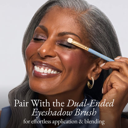 The Confectionary Face + Eye Palette pairs with dual-ended eyeshadow brush 