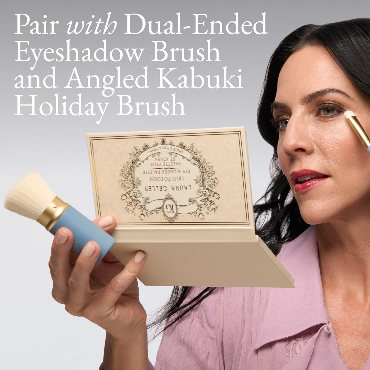 True to Form Eye & Cheek Palette pair with dual-ended eyeshadow brush and angled kabuki holiday brush 