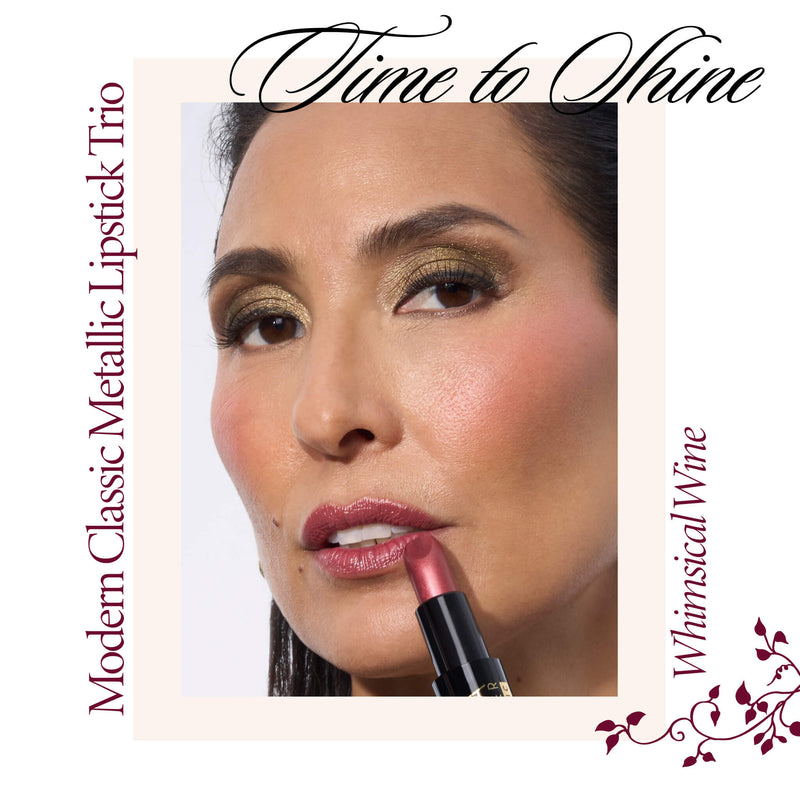 modern classic metallic lipstick trio model image w/ shade callout