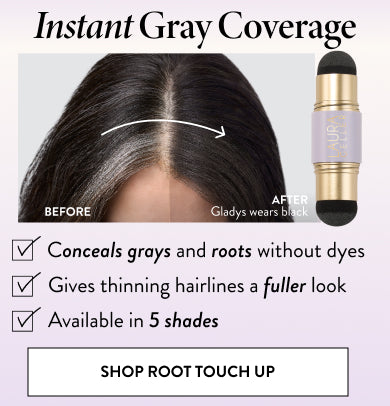 Root Touch Up instant gray coverage - conceals grays and roots without dyes, gives thinning hairlines a fuller look, available in 5 shades 