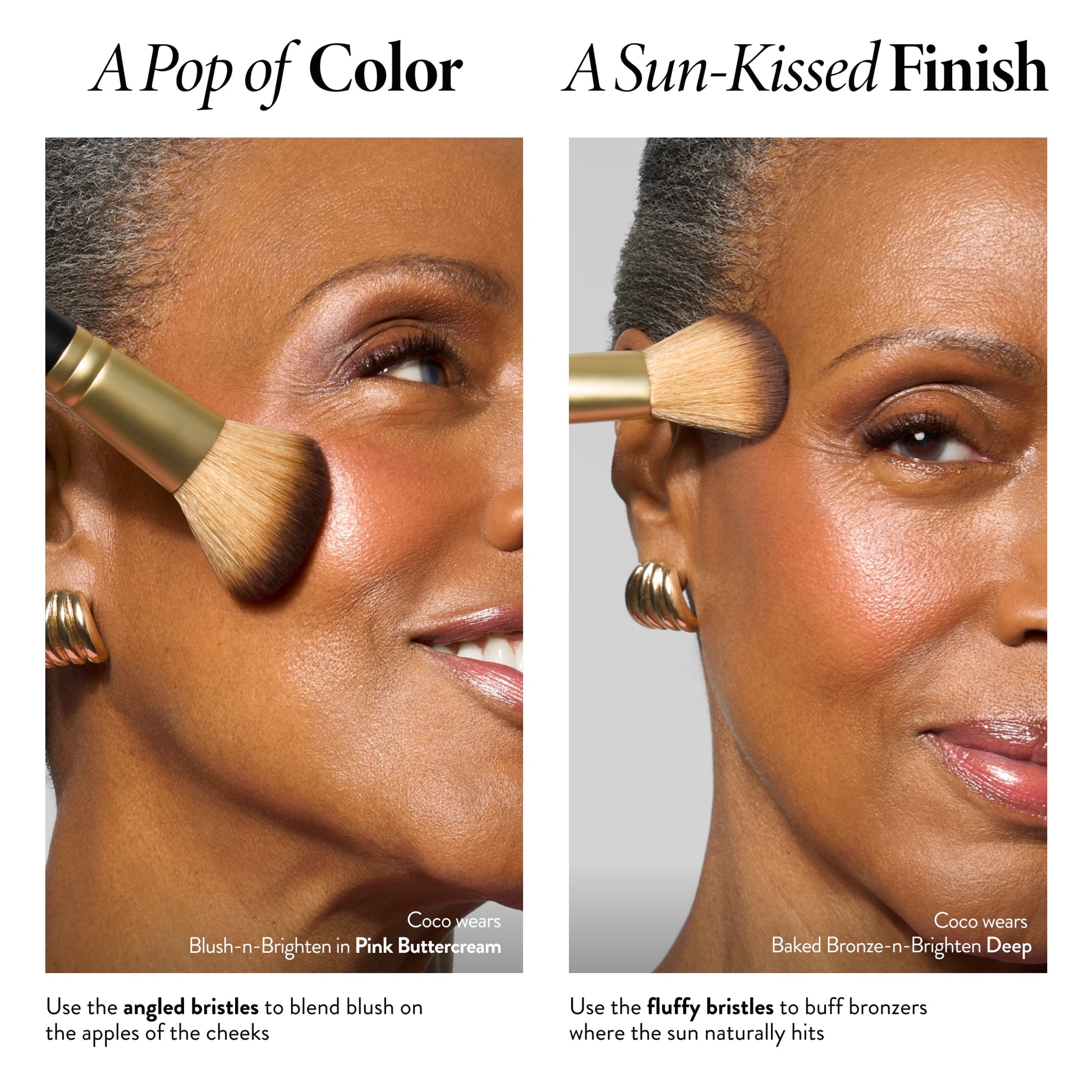 Dual-Ended Blush + Bronzer Brush how to apply pop of color or sun kissed finish model image 