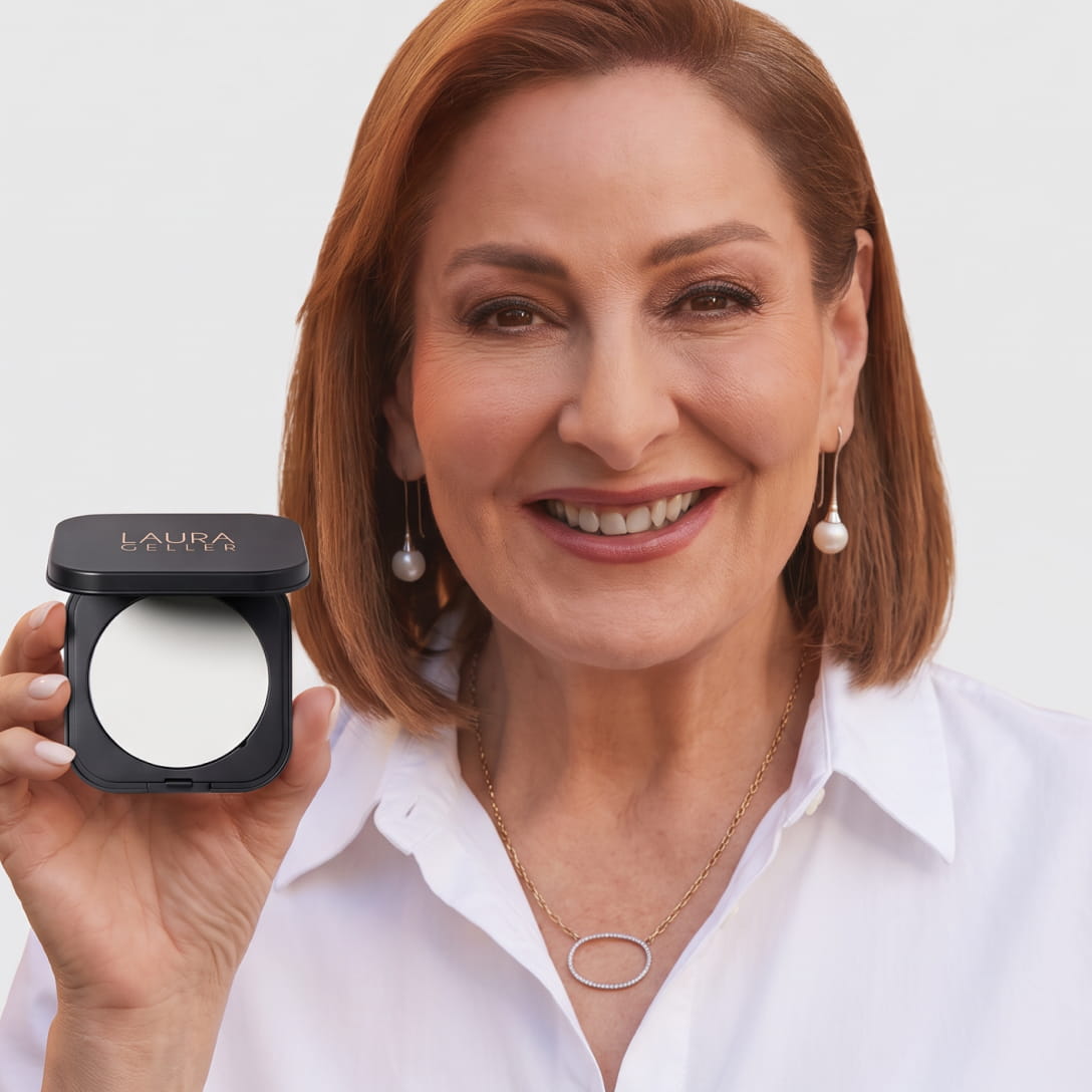 Laura Geller holding Matte Maker Setting Powder