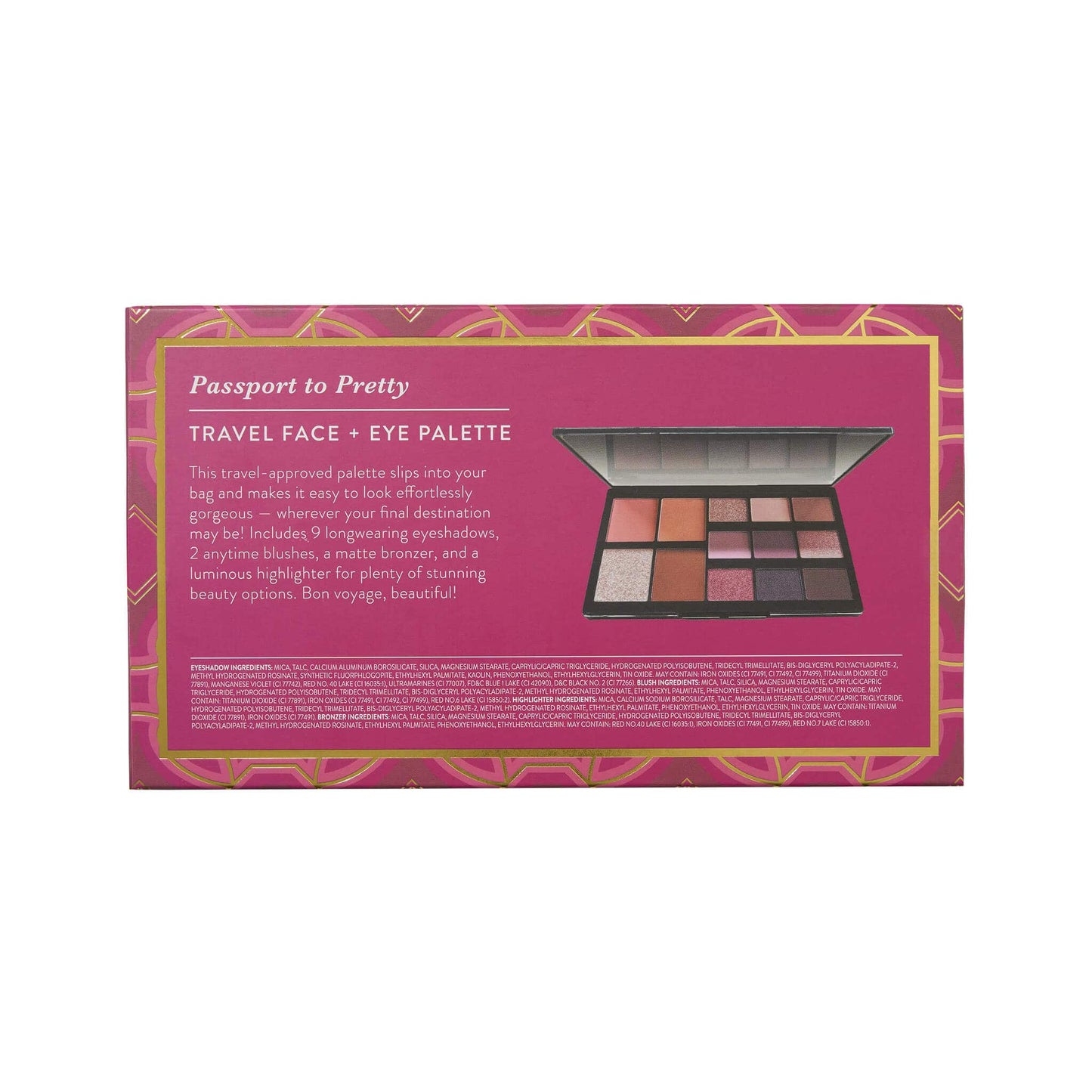 Passport to Pretty Travel Face + Eye Palette, The Getaway Collection packaging back
