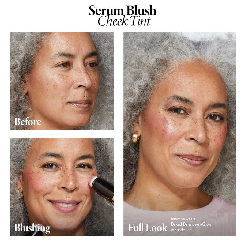 Serum Blush Cheek Tint Model B&A with Full Look in Blushing Berry