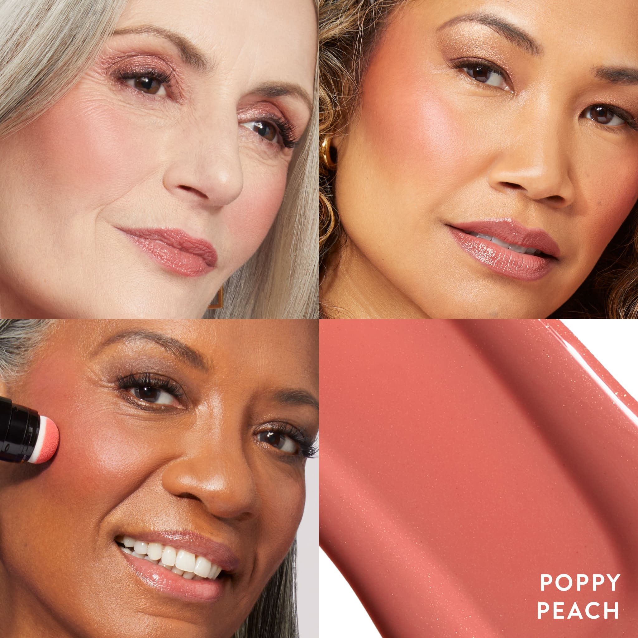 Serum Blush Cheek Tint model grid in poppy peach