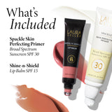 Spackle Primer SPF 30 and Shine-n-Shield SPF 15 Lip Balm whats included: spackle skin perfecting primer SPF 30 & Shine-n-Shield Lip Balm SPF 15