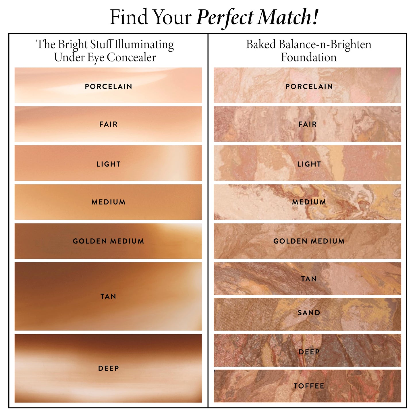 The Bright Stuff Illuminating Under Eye Concealer BNB shade matching chart 