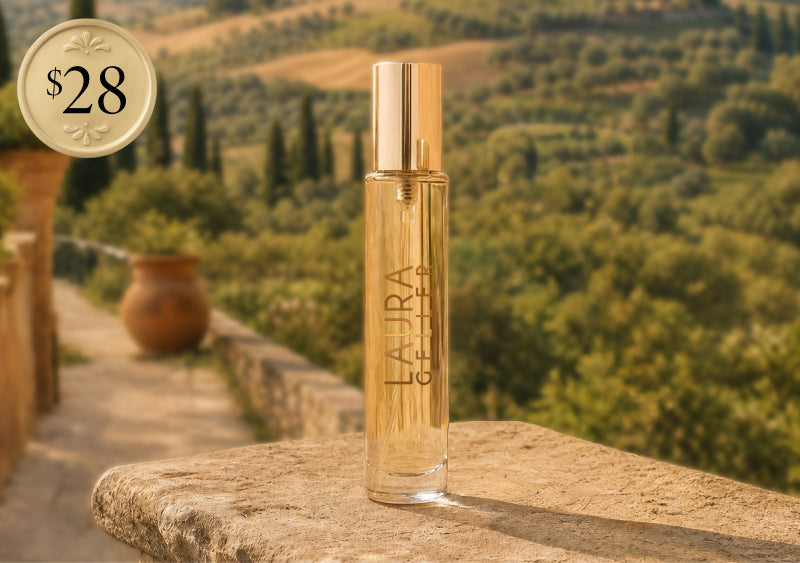 Lifestyle image of travel size fragrance with $28 dot whack
