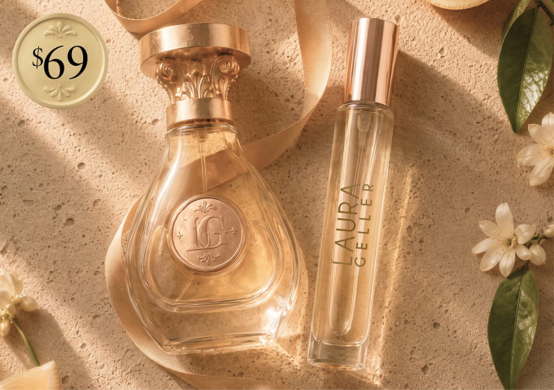 Lifestyle image of full size and travel size fragrance with a $69 dot whack