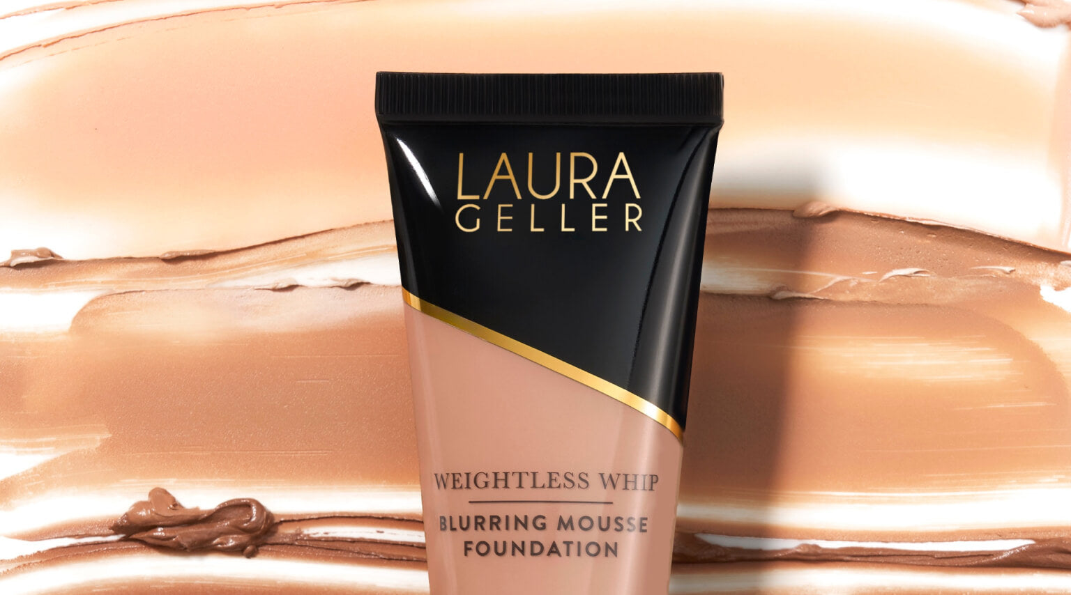 Laura Geller Weightless Whip Blurring Mousse Foundation with textures behind