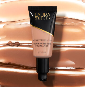 Laura Geller Weightless Whip Blurring Mousse Foundation with textures behind