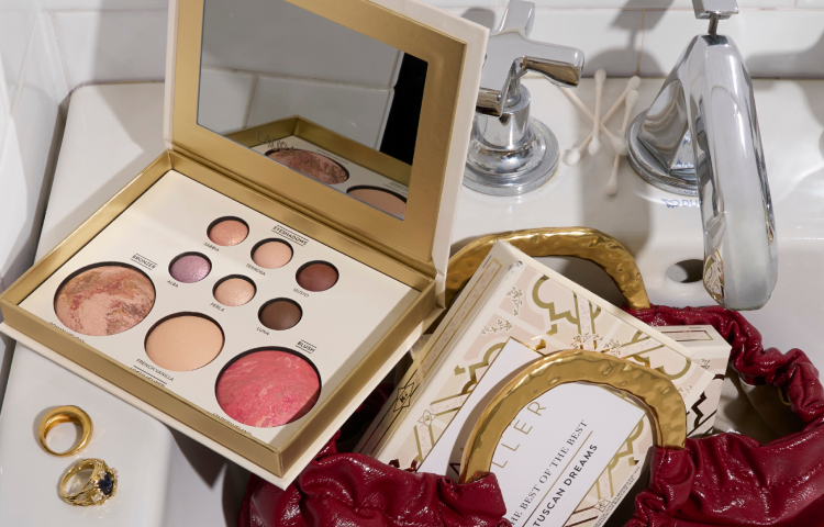 Laura Geller Best of the Best pallete shown on a bathroom vanity