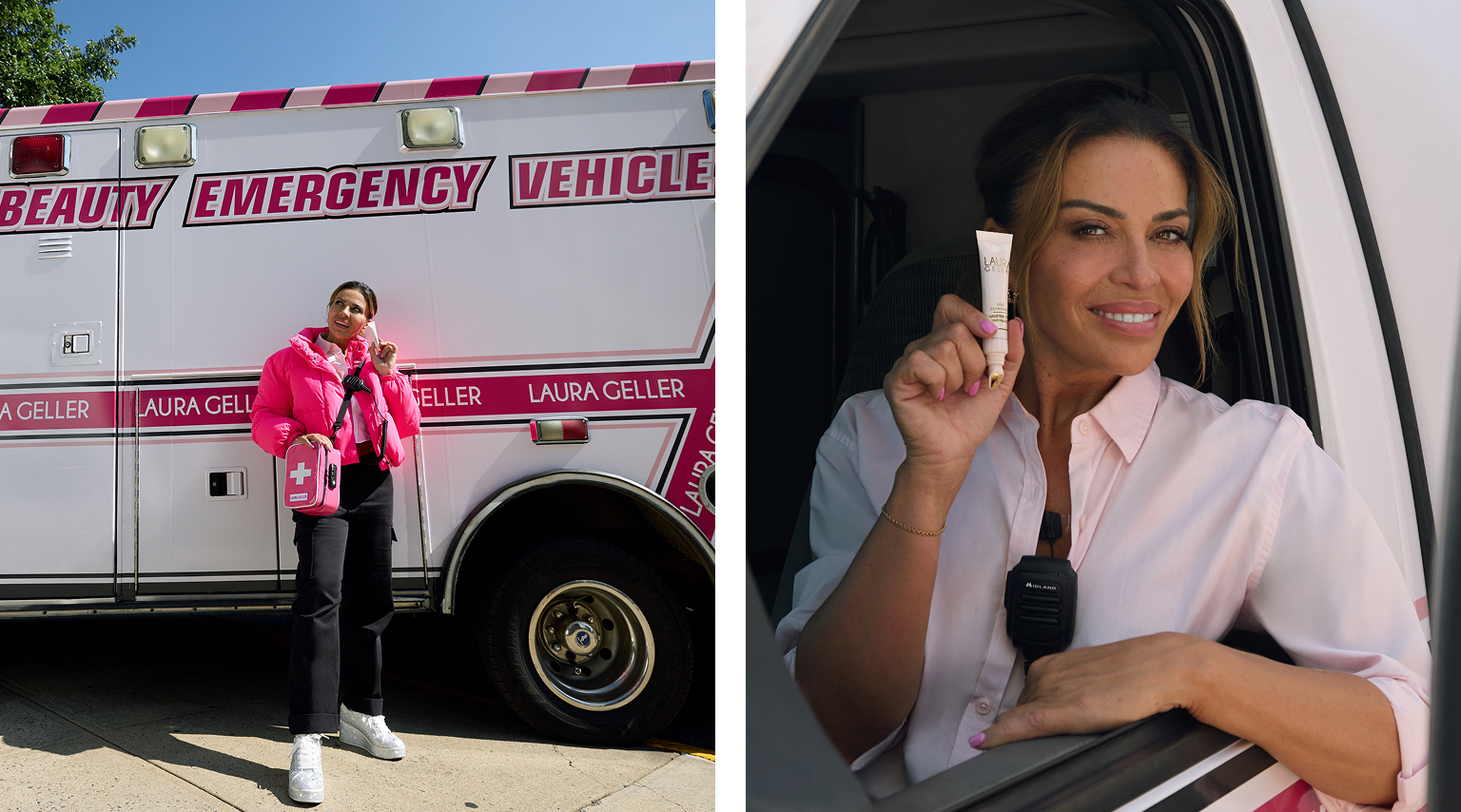 Dolores Catania holds Laura Geller Line Smoother alongside an Ambulance reading 