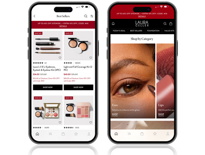 Two smartphones displaying the Laura Geller app with product listings and a close-up of makeup.