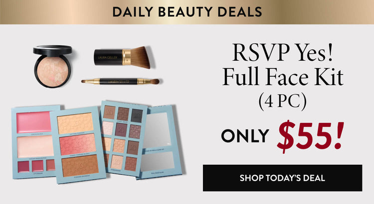 Promotional graphic for a daily beauty deal featuring a full face kit of 4 makeup items. The kit includes a round pressed powder compact, a makeup brush, a small applicator wand, and three open eyeshadow palettes in light blue.