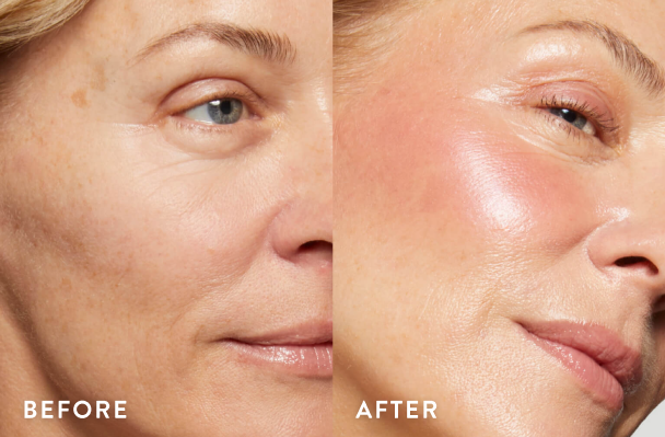 Before and after comparison of a woman's face with and without Laura Geller Wonder Balm